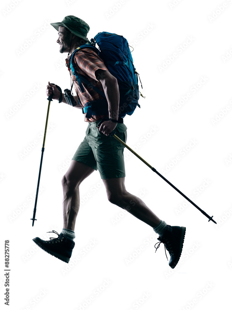 man trekker trekking running happy silhouette man trekker trekking running happy silhouette