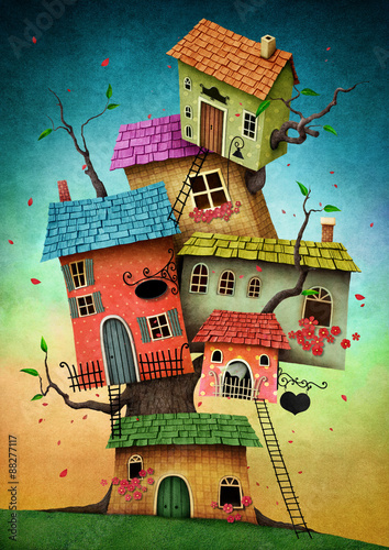 Tableau sur toile Illustration with unreal tree house for  card