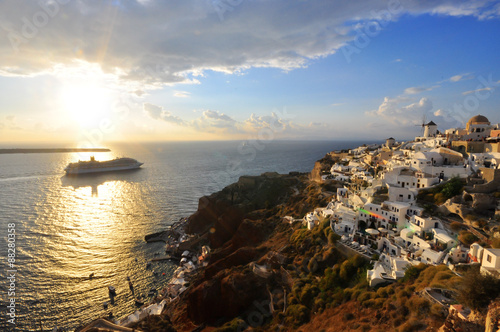 sunset at Santorini with cruise