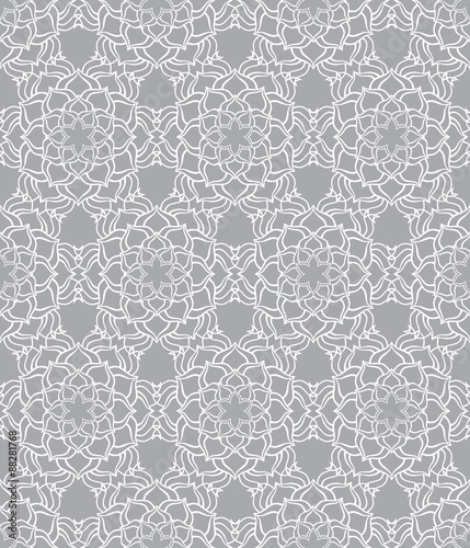 Beautiful vector Print Seamless Pattern.White Mandala Flowers with grey background.