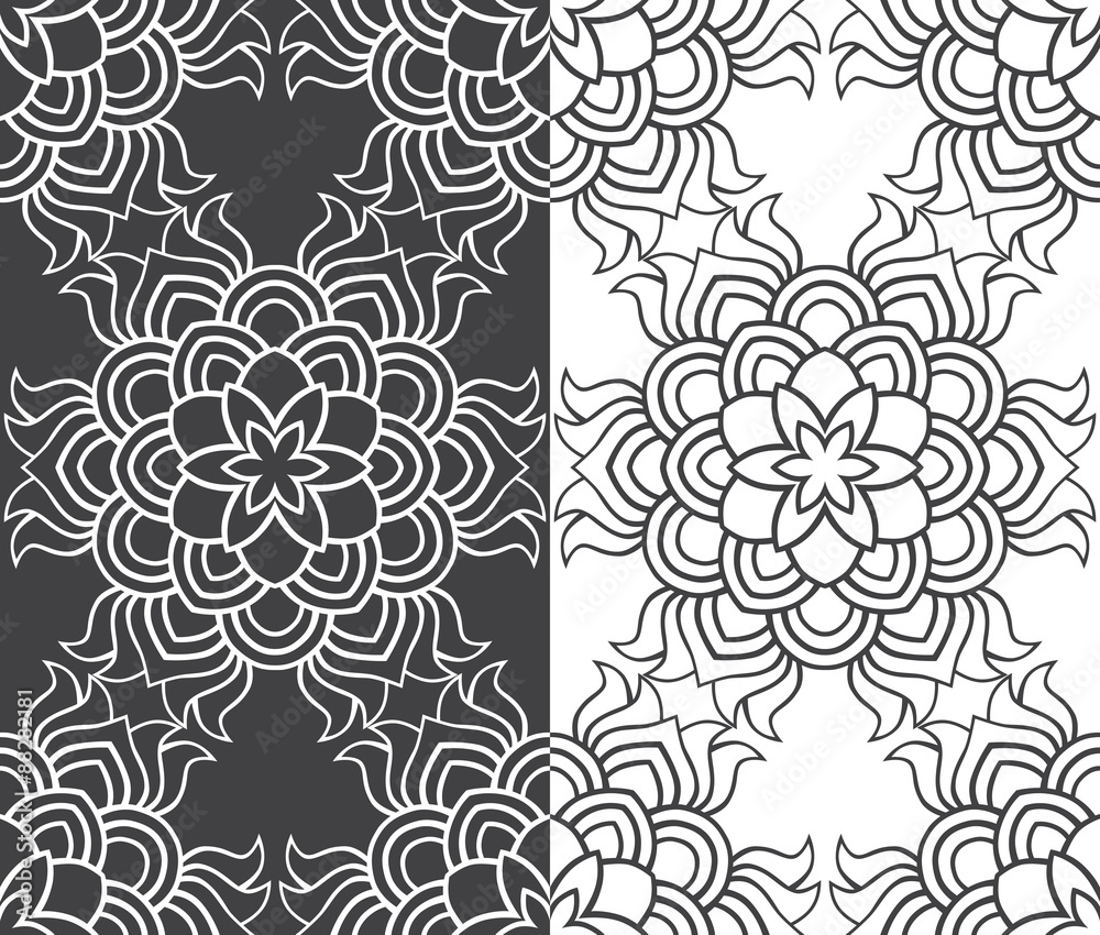 Obraz premium Beautiful vector Print Seamless Pattern. grey Mandala Flowers with white annd black background.