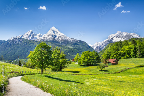 Idyllic landscape with hiking in trail in the Alps in springtime