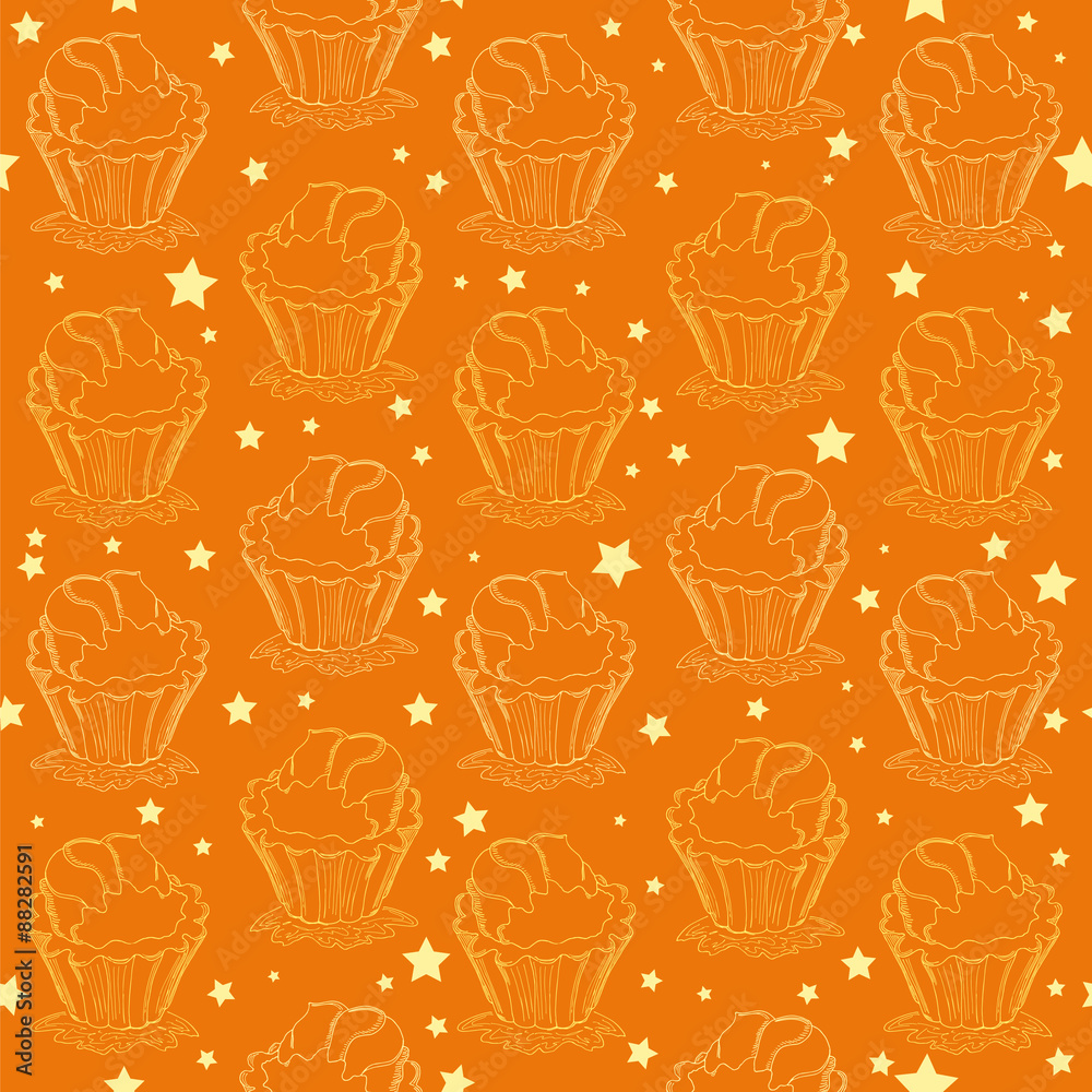 seamless pattern from contours of cupcakes, handmade, on an oran