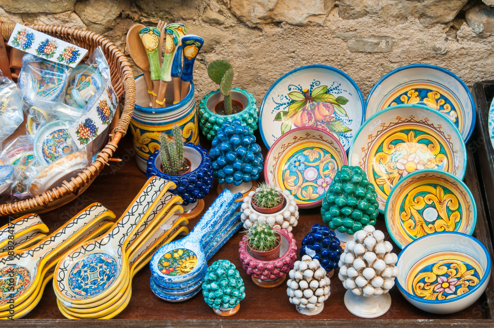 Various decorated ceramic objects for sale outside a souvenir shop in Erice, Sicily