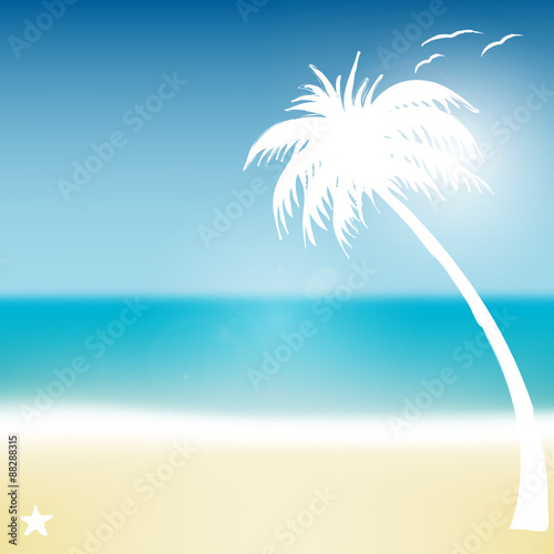 Fototapeta Naklejka Na Ścianę i Meble -  Tropischer Strand, mit Sonne, Meer und Palme im Sommer – Hintergrund