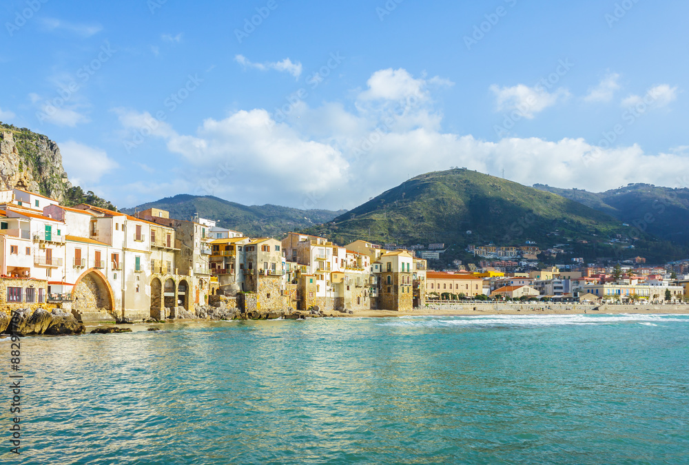 View of beach town Cefalu in Sicily, Italy
