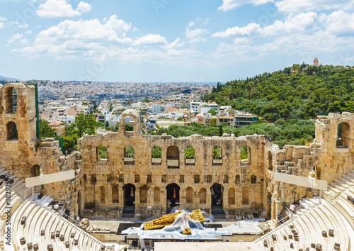 The Odeon of Herodes Atticus, a stone theatre structure located on the south slope of the Acropolis of Athens, Greece