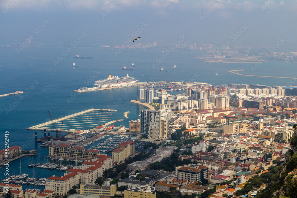 View of the sea/ocean and city of Gibraltar from the top of the rock
