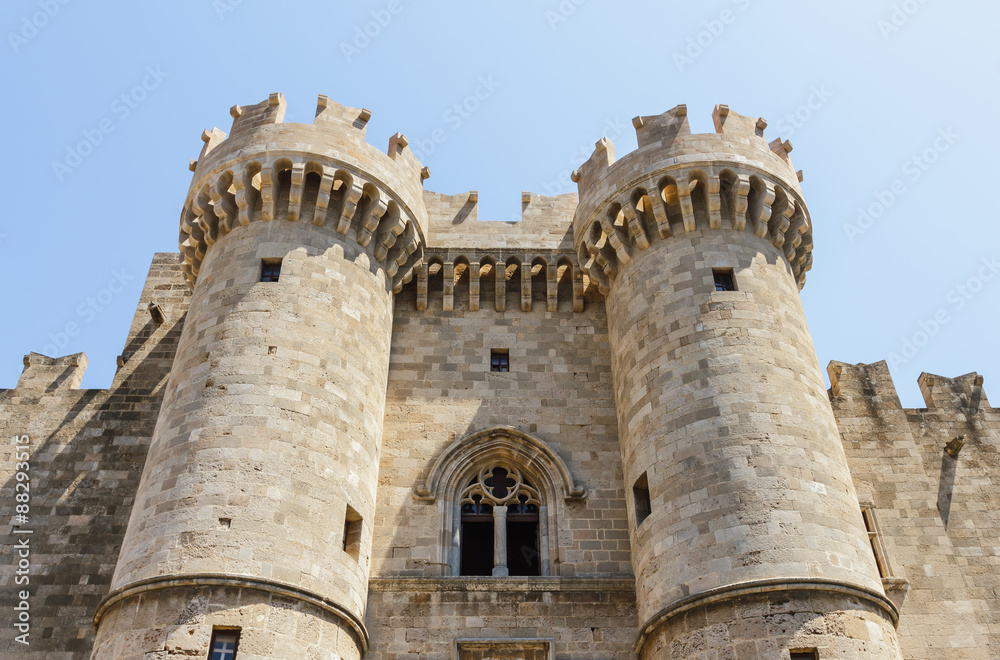 Front of the Grand Master of the Knights of Rhodes, a medieval castle of the Hospitaller Knights on the island of Rhodes, Greece. Front of the Grand Master of the Knights of Rhodes, a medieval castle of the Hospitaller Knights on the island of Rhodes, Greece.