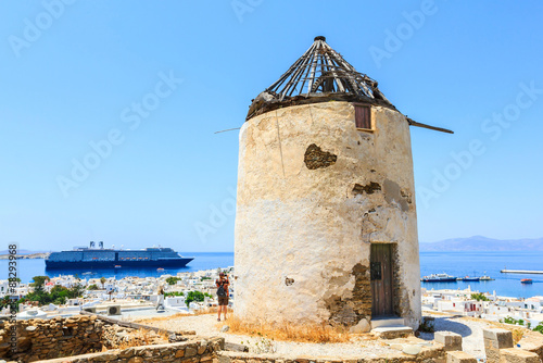 Famous landmark of Mykonos old traditional windmill, Greece