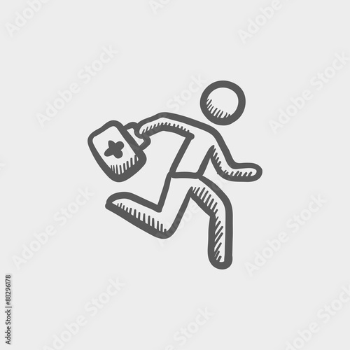 Paramedic running with first aid kit sketch icon