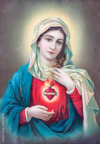 Quadro su tela Typical catholic image of heart of Virgin Mary from Slovakia