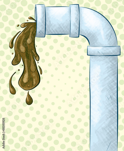 A vector illustration of a gray pipe with greenish-brown sludge pouring out of the end on a green and yellow halftone background.