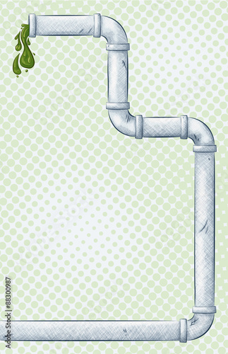 A vector illustration of a gray pipe with pea green goo running out of the end on a light green  halftone background.