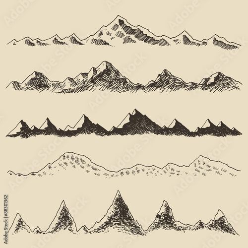 Mountains set contours Engraving Vector Hand Draw © Alexandr Bakanov