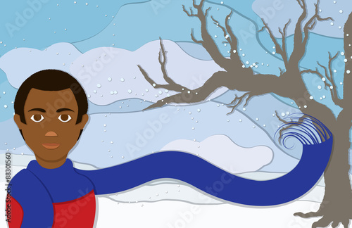 A man wearing an long blue scarf blowing in the frosty winter wind along with snowflakes and a bare tree to the side in this cup-paper style illustration.