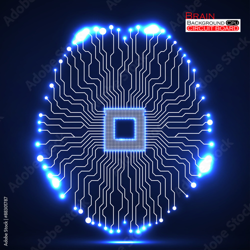 Neon brain. Cpu. Circuit board. Abstract technology background