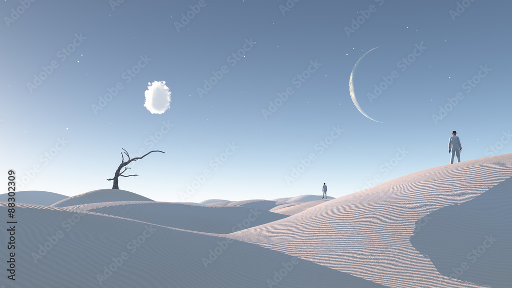 Man in desert with bare tree and moon Surreal Haunting - obrazy, fototapety, plakaty 