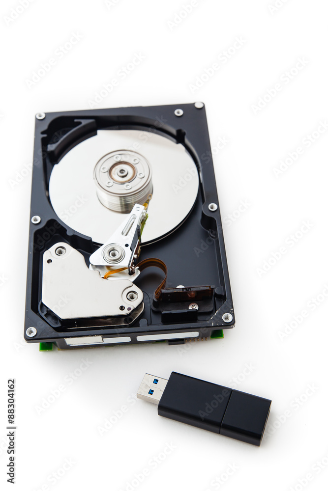 USB flash drive and Hard Disk drives isolate on white background USB flash drive and Hard Disk drives isolate on white background