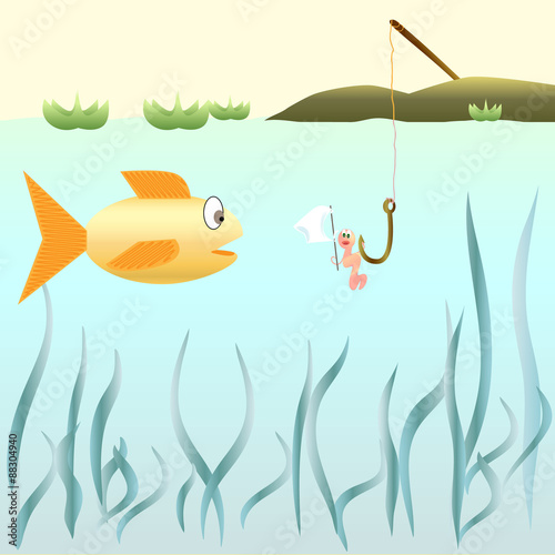 Frightened worm on a fishhook holding a white flag and fish. Vector illustration