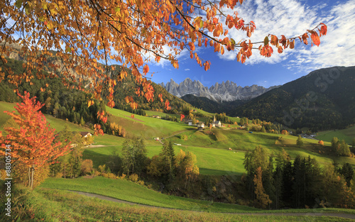 Beautiful landscape of the Val di Funes where the main landmark is the Odle/Geisler Dolomite Massif, South Tyrol