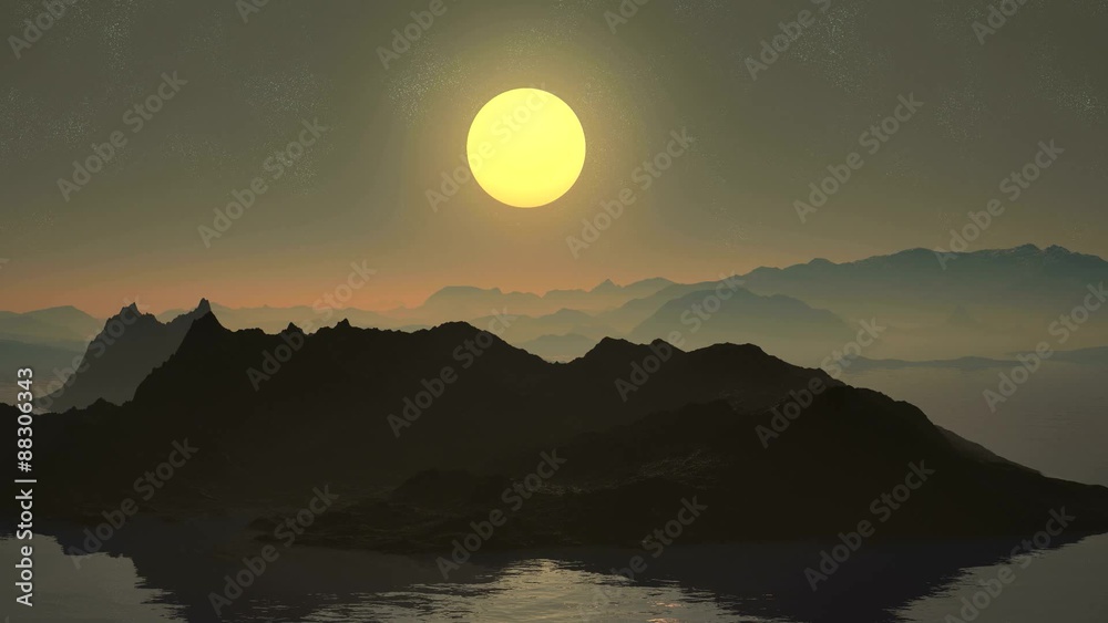 Colorful sunset over the mountain lake. In the dark night sky bright sun (moon) is lowered slowly beyond the horizon. Colorful sunset over the mountain lake. In the dark night sky bright sun (moon) is lowered slowly beyond the horizon.