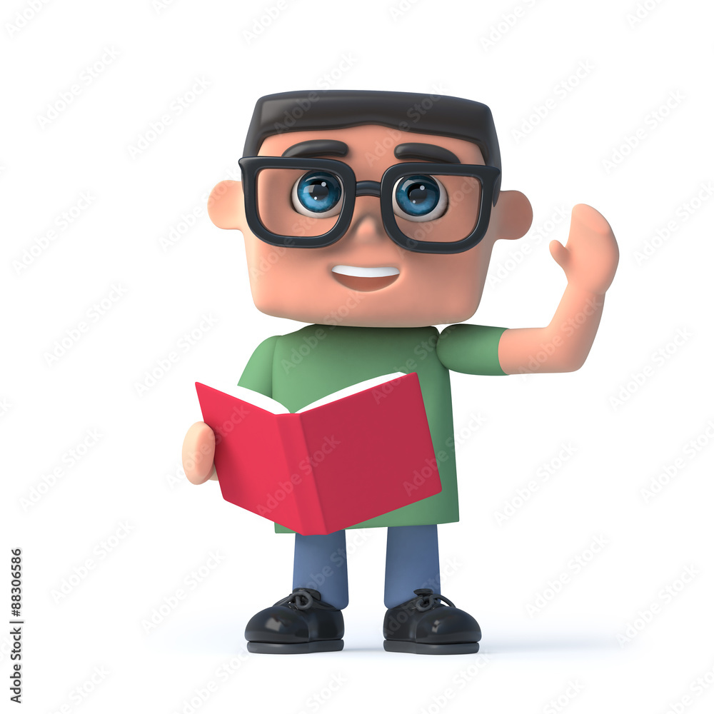 3d Boy in glasses reading a book