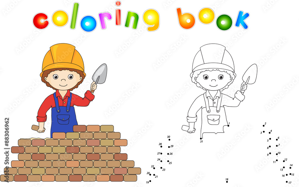 Young builder or engineer in a uniform and helmet with trowel ne - obrazy, fototapety, plakaty 