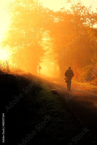 Man walking on misty autumn sunrise.
Man walking on a misty autumn morning at sunrise.