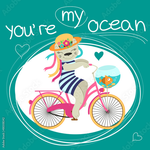 valentines card with cat on bike and fish about love. Vector illustration