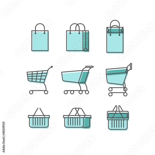 Line web icons set with flat design elements - E-commerce, shopping. Shopping bag, shopping cart, shopping basket.