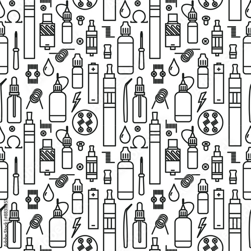 Endless vape background. Vector seamless pattern of vaporizer and accessories. Black print on white background
