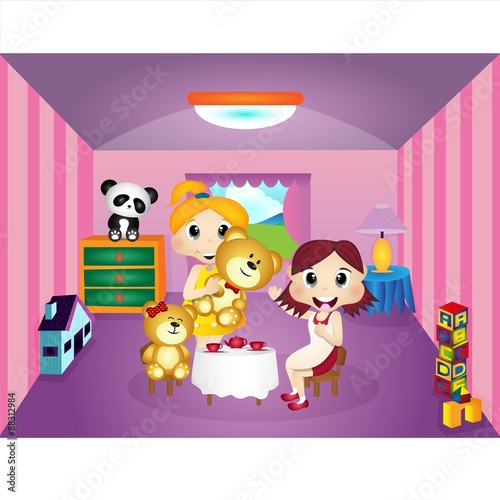Little girls playing with Teddy Bear in her room