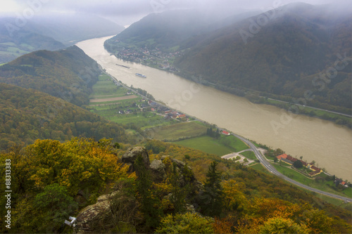 View from castle Aggstein down on the Danube River in fall, Wachau Cultural Landscape UNESCO World Heritage Site, Austria photo