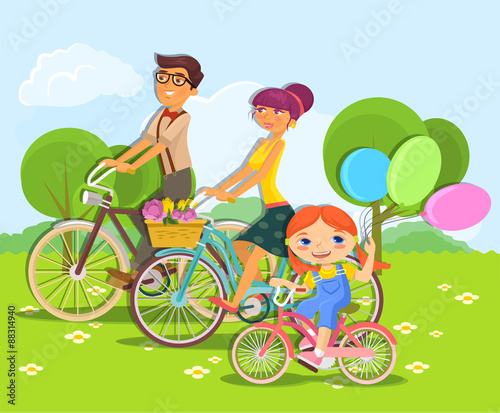 Family rides bike. Vector cartoon flat illustration