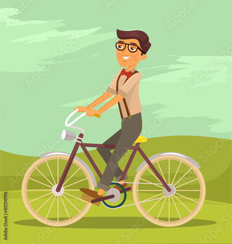 Man is riding bike. Vector flat cartoon illustration