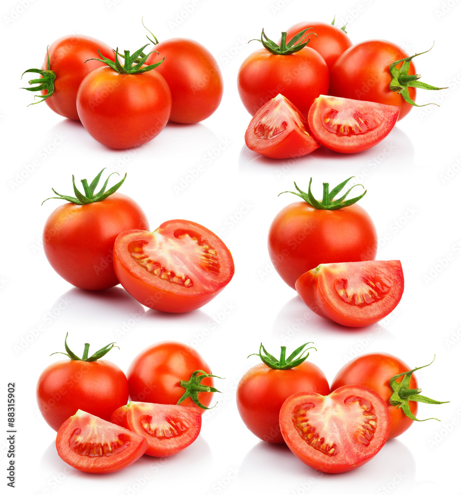 Set of red tomatoes vegetables with isolated on white - obrazy, fototapety, plakaty 