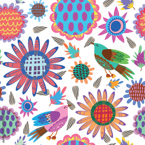 Fototapeta Naklejka Na Ścianę i Meble -  Seamless pattern with sunflowers and birds
