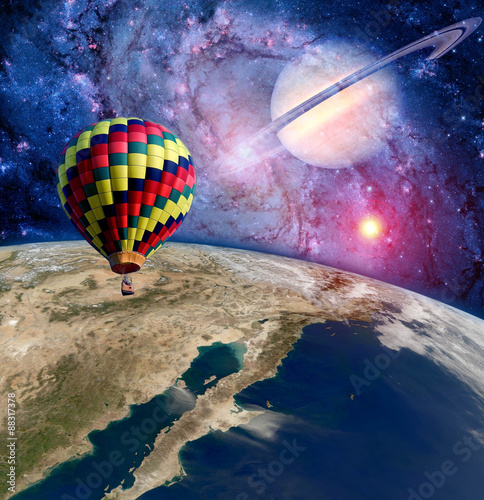Hot air balloon surreal wonderland landscape fantasy moon earth. Elements of this image furnished by NASA. #88317378