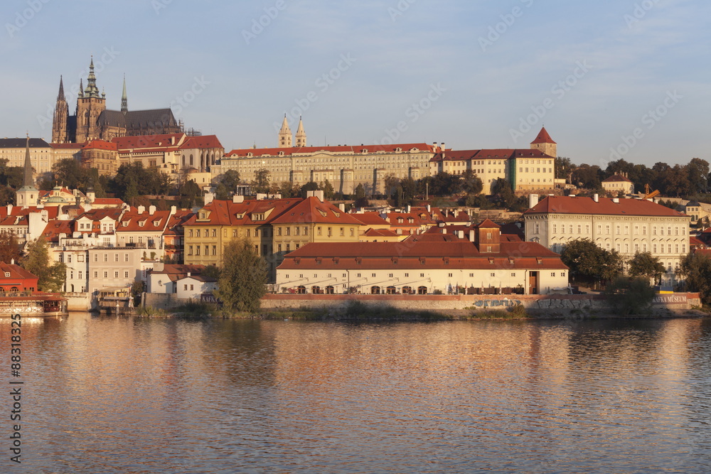 View over the River Vltava to the Castle District with St. Vitus Cathedral and Royal Palace, Prague, Bohemia, Czech Republic View over the River Vltava to the Castle District with St. Vitus Cathedral and Royal Palace, Prague, Bohemia, Czech Republic