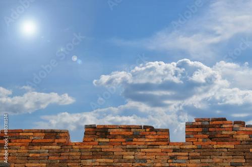 A cloudy blue sky over a brick wall