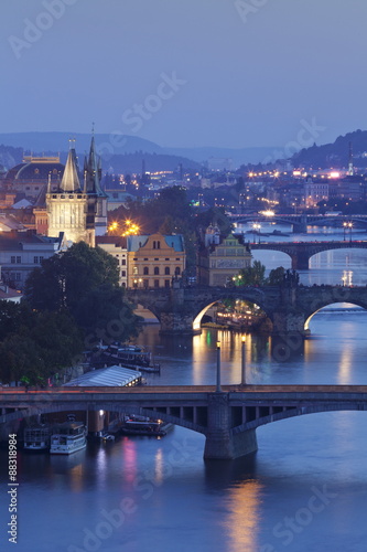 Vltava River with the bridges, Charles Bridge and the Old Town Bridge Tower, Prague, Bohemia, Czech Republic
