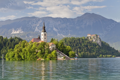 Blejski Otok Island with Santa Maria Church, Bled Castle, Lake Bled, Gorenjska, Julian Alps, Slovenia photo