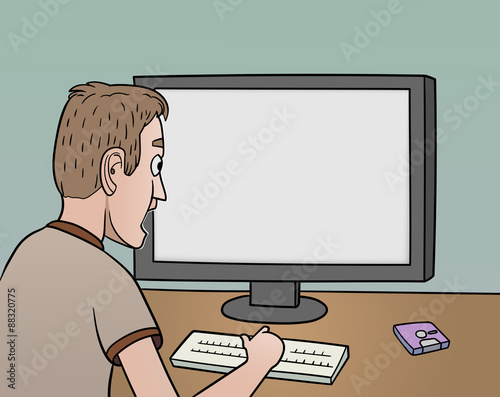 surprised man near blank monitor