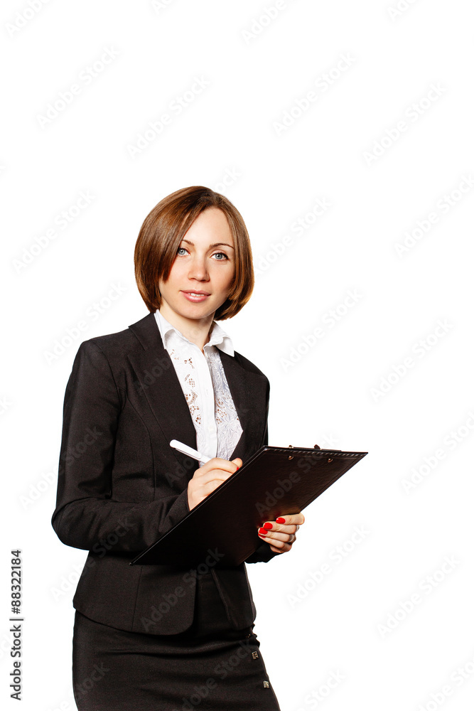 Business woman writes customer requirements in checklist. Business woman writes customer requirements in checklist.