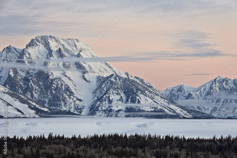 Mount Moran at dawn in the winter, Grand Teton National Park, Wyoming