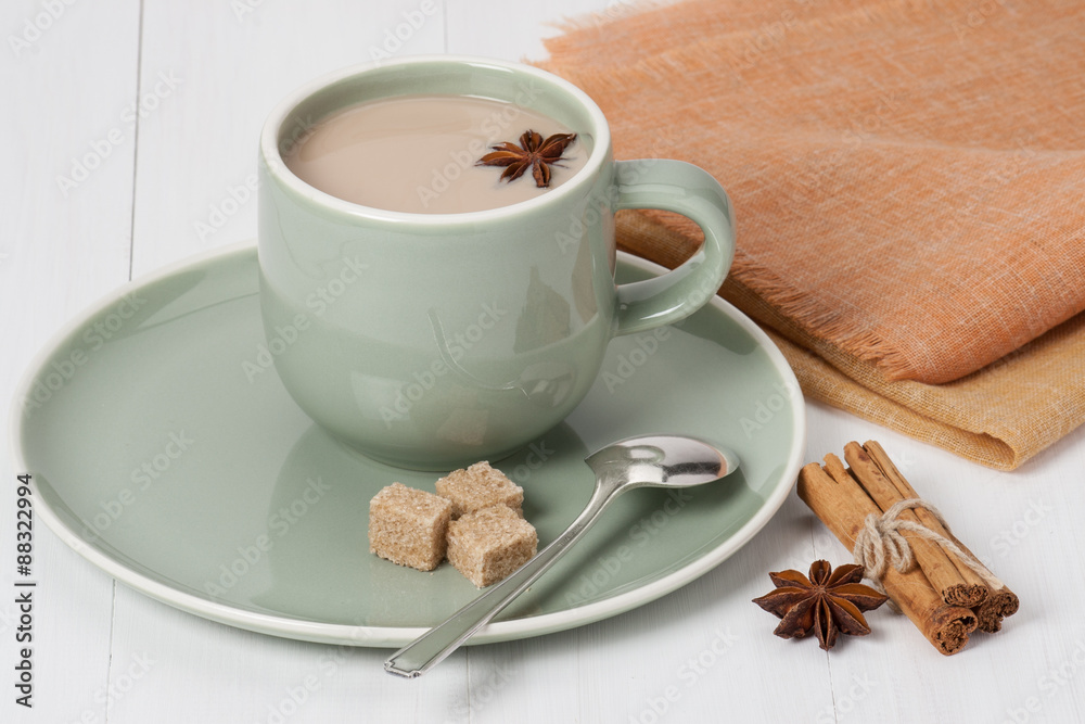 Cup Of Coffee, Cocoa or Tea With Milk And Spices. Old Silver Spo Cup Of Coffee, Cocoa or Tea With Milk And Spices. Old Silver Spo