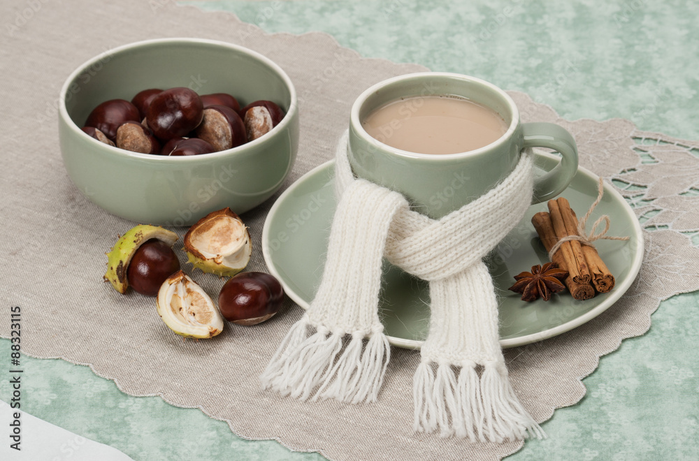 Autumn Concept. Cup Of Hot Coffee, Cocoa or Tea With Milk And Sp