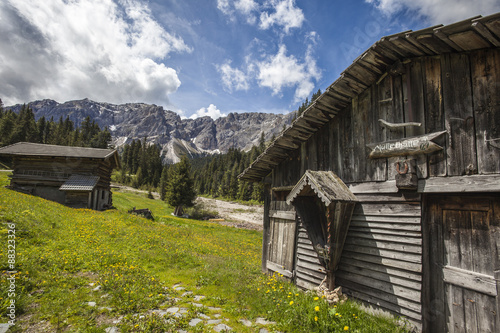 Typical wooden houses in the Funes Valley in the Dolomites by the Passo delle Erbe, South Tyrol #88323326