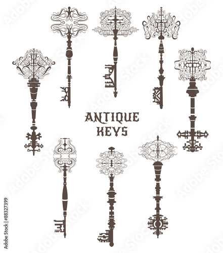 Set of antique keys. Vintage vector illustrtion collection.